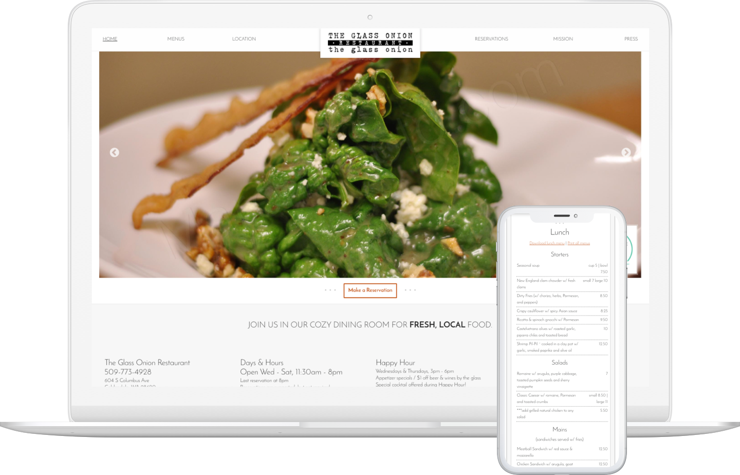 Screenshot of The Glass Onion Restaurant website